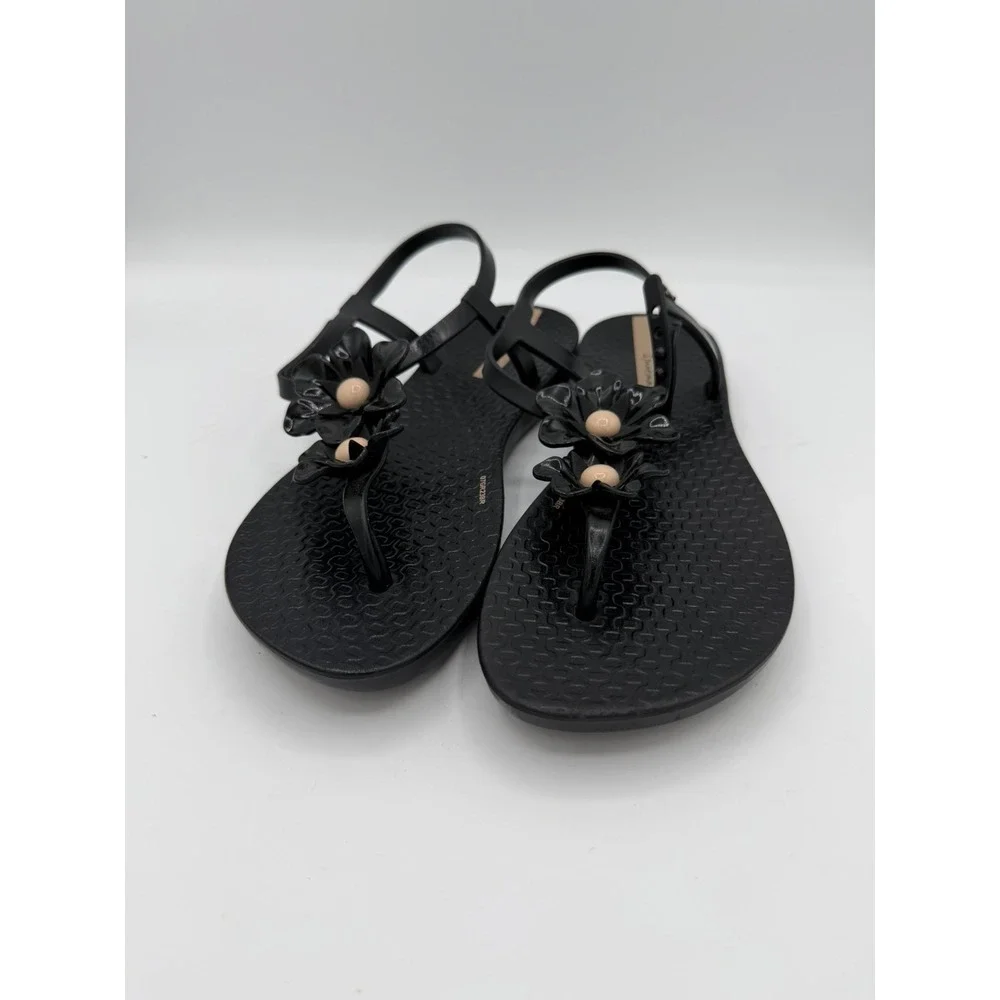 Ipanema Duo Flowers Girls Sandals Strappy Sling Black Beach Flats Size 2/3